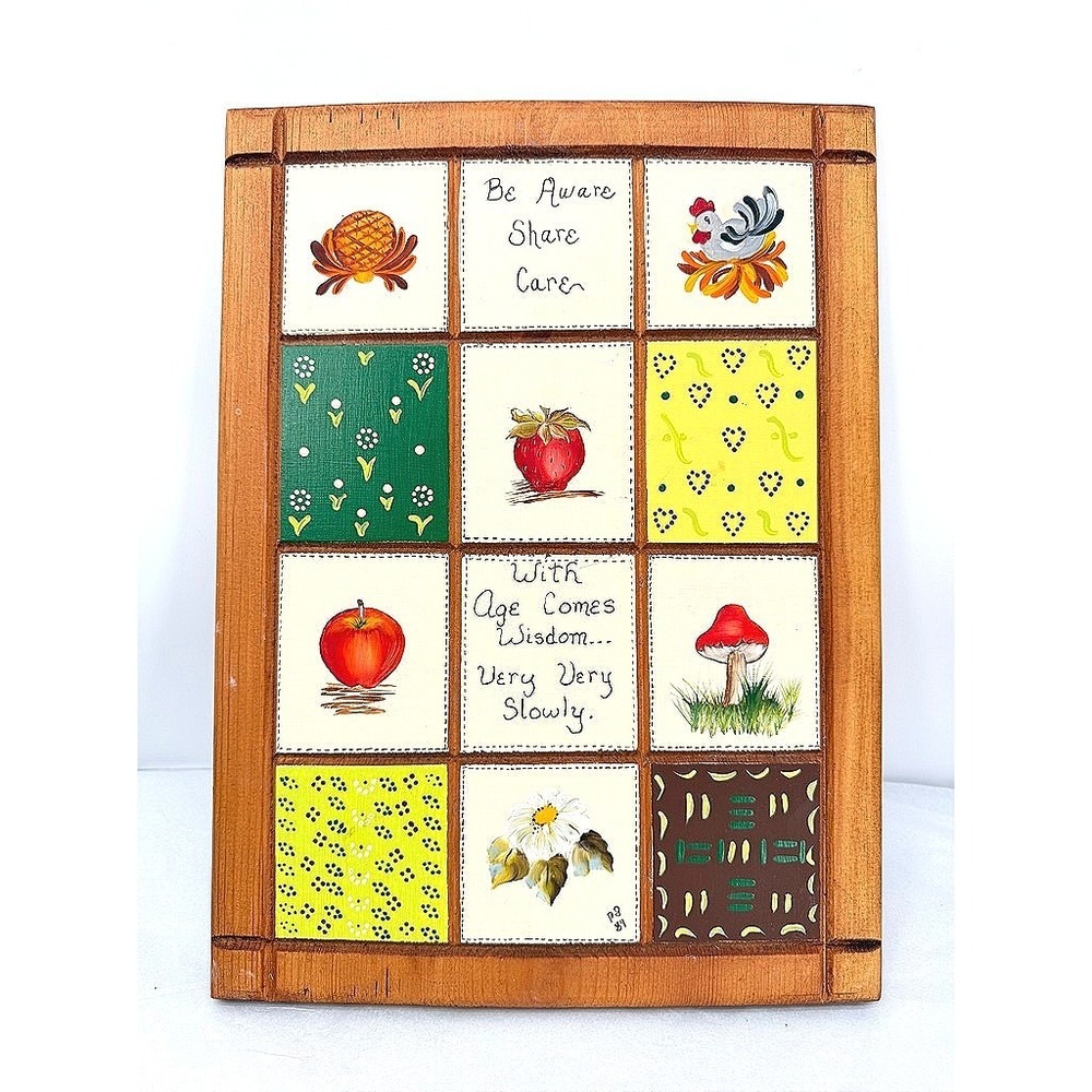 Wooden Wall Plaque Patchwork Tile Hand Painted Wood Fruit Floral Quote Folk Art